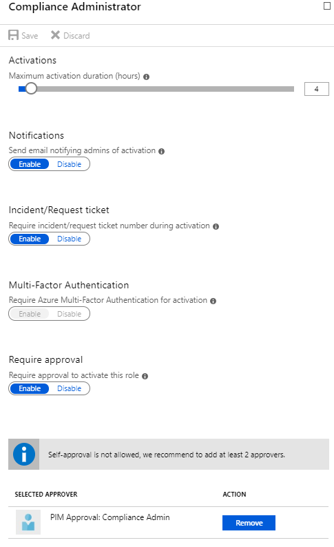 Screenshot: PIM Role settings for "Compliance Admin" showing settings for approval process, requiring a ticket and having only a short period of activation time