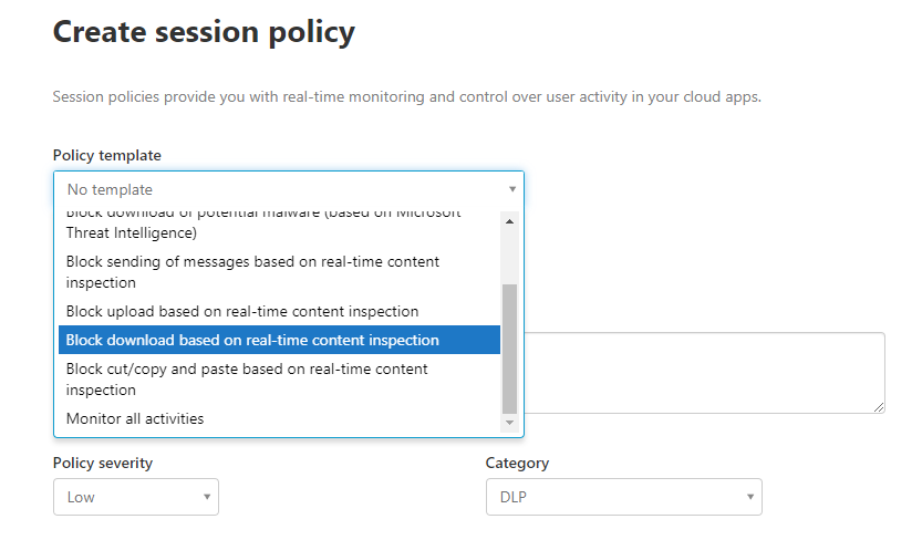 Screenshot: Auswahl eines Policy Templates in einer neuen Session Policy