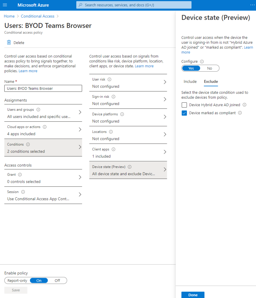 Screenshot: im Bereich "Conditions" bei "Device state (Preview)" die Aktivierung mittels Setzens des Switches bei "Configure" auf "yes" und bei "Exclude" die Anwahl des Hakens "Device marked as compliant"