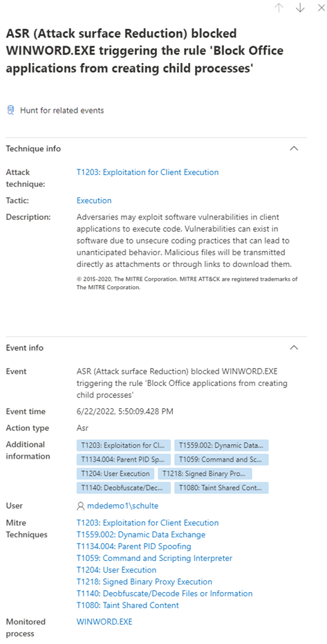 Detailansicht des Events im Microsoft Defenders (1/3)