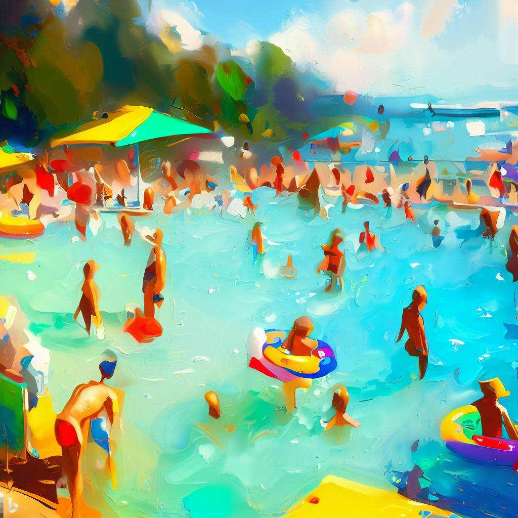 Swimmingpool mit vielen Erwachsenen und Kindern an einem sonnigen Tag