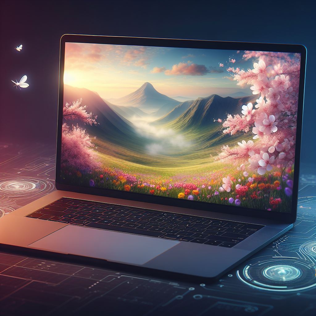 a dreamy spring landscape that appears on a laptop with a large display in a dark workspace. The landscape should feature blooming flowers, a gentle breeze, and a stunning mountain range in the distance. The edges of the image should be slightly blurry or hazy to convey a dream-like quality. Add a small drone hovering in the distance or a holographic interface around the laptop to incorporate a touch of AI.
